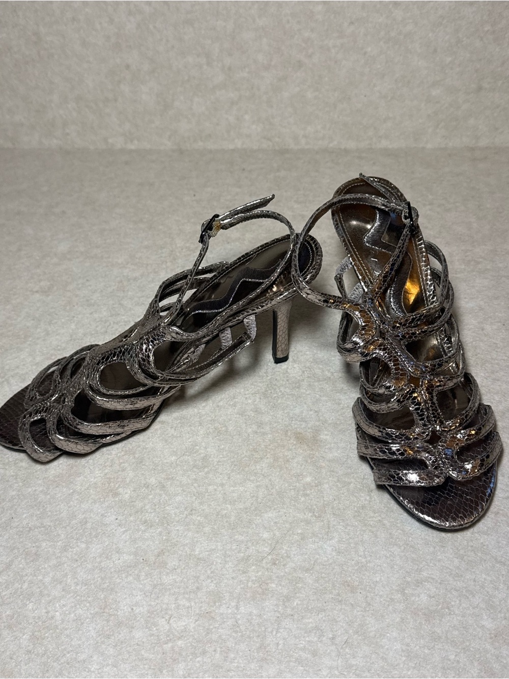 Nina Metallic Silver Snakeskin Strappy High Stiletto High Heels Size US 7M - Picture 2 of 7